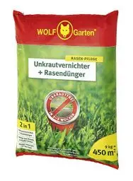 Produktbild: WOLF-Garten 2-in-1: Unkrautvernichter + Rasendünger SQ 450 (Rasendünger und Unkrautvernichter, wirkt über Blätter und Wurzeln, Wirkung bis zu 100 Tagen, ausreichend bis 450 m2) 3840746