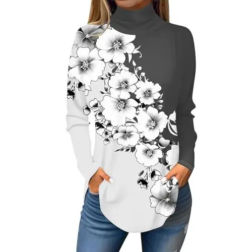 Produktbild: Wolf Tshirt, Bluse Damen Basic Langarmshirt Oktoberfest T-Shirt Oversize T Shirts V Ausschnitt Musselin Langarmshirts Sport Grau L