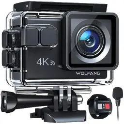 Produktbild: WOLFANG GA100 Action Cam 4K 20MP Unterwasserkamera WiFi 40M wasserdichte EIS Bildstabilisator Helmkamera 170°Weitwinkel Camcorder (Externem Mikrofon, 2.4G Fernbedienung, 2 Akkus und Zubehör Kit)