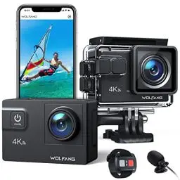Produktbild: WOLFANG GA300 Action Cam 4K 60FPS 24MP Unterwasserkamera WiFi 40M wasserdichte 2.0 EIS Bildstabilisator Touchscreen Helmkamera 8X Zoom (Externes Mikrofon, 2x1350mAh Akkus und Zubehör Kit)