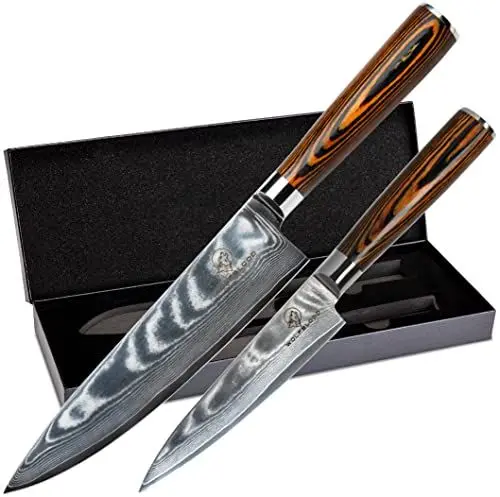 Produktbild: Wolfblood 2er Damastmesser-Set (32cm und 24cm) Profi Damast-Küchenmesser aus echtem 67 Lagen Damaststahl I Küchenmesser Set mit Chefmesser Kochmesser Holzgriff Geschenkbox und Klingenschutz