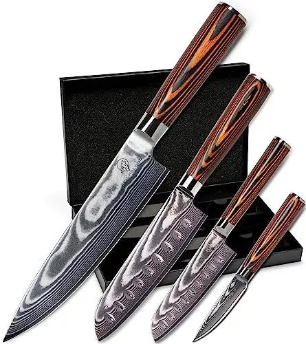 Produktbild: Wolfblood 4er Damastmesser-Set (32, 30, 24 und 20 cm) Profi Damast-Küchenmesser Set aus echtem 67 Lagen Damaststahl I Damastmesser Set aus Chefmesser und Santokumesser mit Klingenschutz & Geschenkbox