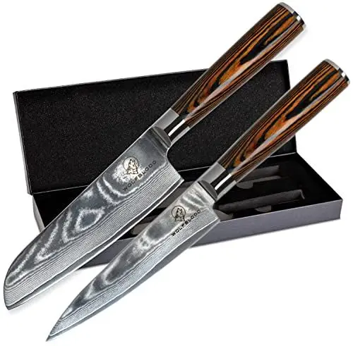 Produktbild: Wolfblood Damastmesser-Set 2er (24cm) Profi-Damast-Küchenmesser aus 67 Lagen Damaststahl I - mit Chefmesser Santoku Messer Holzgriff Geschenkbox und Klingenschutz