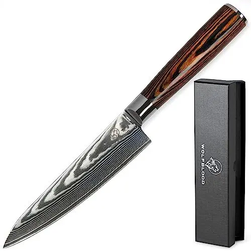 Produktbild: Wolfblood Damastmesser Damast-Küchenmesser L(26cm) Profi Küchenmesser aus echtem 67 Lagen Damaststahl I Damast-Kochmesser Chefmesser mit Holzgriff Geschenkbox & Klingenschutz