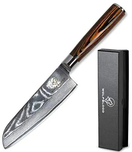 Produktbild: Wolfblood Damastmesser Santoku Messer L(24cm) Profi-Kochmesser aus echtem 67 Lagen Damaststahl I Damast-Küchenmesser Santokumesser mit Holzgriff Geschenkbox und Klingenschutz