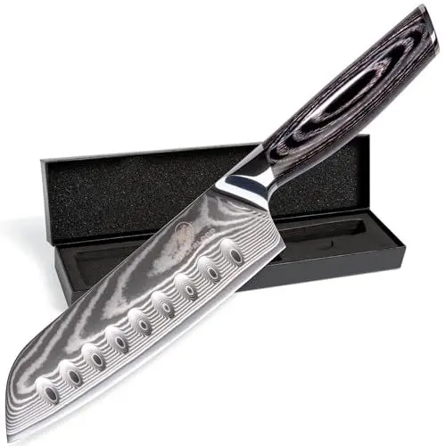 Produktbild: Wolfblood PRO Damastmesser Damast-Küchenmesser XL(31cm) Profi Santoku Messer aus echtem 67 Lagen Damaststahl I Küchenmesser Santokumesser mit Holzgriff Geschenkbox und Klingenschutz