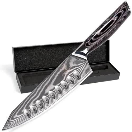 Produktbild: Wolfblood PRO Damastmesser Damast Küchenmesser XL(33cm) Profi Chefmesser aus echtem 67 Lagen Damaststahl I Chefmesser Santoku Messer mit Holzgriff Geschenkbox & Klingenschutz