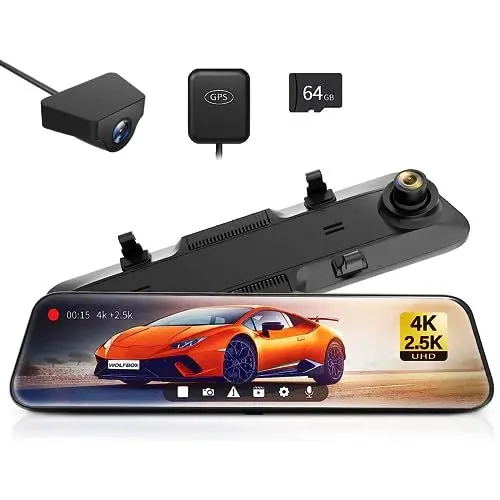 Produktbild: WOLFBOX Dashcam 4K + 2,5K für Rückspiegel: Front und Rückspiegel Dashcam für Auto mit 12 Zoll Bildschirm, WDR Kamera, Nachtsicht, GPS und gratis 64GB Karte (G900)