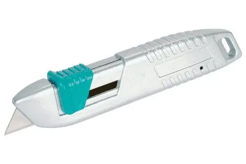 Produktbild: Wolfcraft Sicherheitsmesser aus Metall mit einziehbarer Klinge I 4134000 I Trapezklingenmesser mit Sicherheitsfunktion