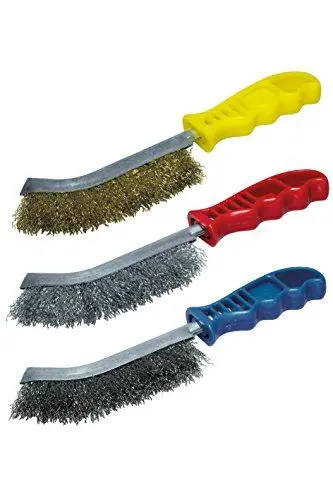 Produktbild: wolfcraft Handdrahtbürsten-Set 3 tlg. - 2138000 - Stahl- Messing- und Edelstahl-Drahtbürsten ergonomisch 265 mm - Praktisches Set zum Entrosten und Reinigen - für Metall, Stein, Holz