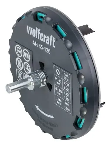 Produktbild: wolfcraft Lochsäge 5978000 – Verstellbarer Universal-Kreisschneider für den Akkuschrauber & die Bohrmaschine – Für Gipskartonplatten & Holz – Stufenlos einstellbar von ø 45-130mm