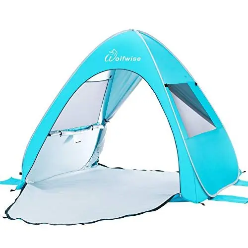 Produktbild: WolfWise Pop up Strandmuschel mit UV-Schutz 50+, 2-3 Personen Strandzelt, Sonnenschutz & Windschutz mit Ausziehbarer Boden Portable Baby Zelt Sonnenzelt Beach Tent für Familie Camping Garten Strand