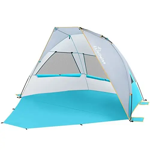 Produktbild: WolfWise Schnellaufbau 2-3 Personen Strandmuschel, UPF 50+ UV Schutz Baby Familien Koffer Strandzelt Sonnenschirm Kleines Packmaß Tragbar Blau