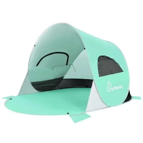 Produktbild: WolfWise Strandmuschel Pop-Up Zelt mit UV-Schutz 50+, 3-4 Personen Strandzelt, Sonnenschutz & Windschutz Tragbar Wurfzelt Baby Kinder Sonnenzelt Beach Tent für Familie Camping Garten Strand Minzgrün