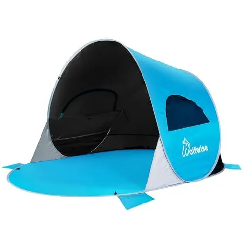 Produktbild: WolfWise Strandmuschel Pop-Up Zelt mit UV-Schutz 50+, 3-4 Personen Strandzelt, Sonnenschutz & Windschutz Tragbar Wurfzelt Baby Kinder Sonnenzelt beach tent für Familie Camping Garten Strand Dunkelblau