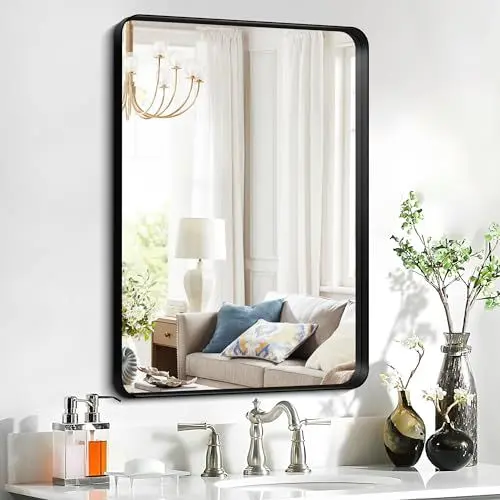 Produktbild: WOLIBEER Wandspiegel 50 x 75 cm, Rechteckiger Wandspiegel Tiefer Rahmen aus Schwarzem Aluminium mit Abgerundeten Ecken für Badezimmer, Schlafzimmer, Eingangsbereich, Flur, Waschtisch, Heimdekoration
