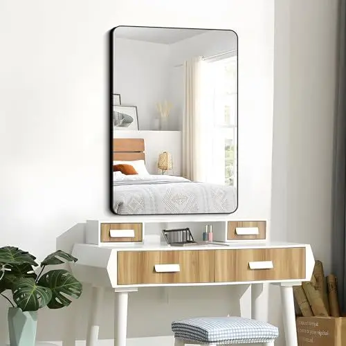 Produktbild: WOLIBEER Wandspiegel 90 x 60 cm, Rechteckiger Wandspiegel mit Schwarzem Aluminiumrahmen, Spiegel für Badezimmer, Schlafzimmer, Eingangsbereich, Flur, Waschtisch, Heimdekoration usw.