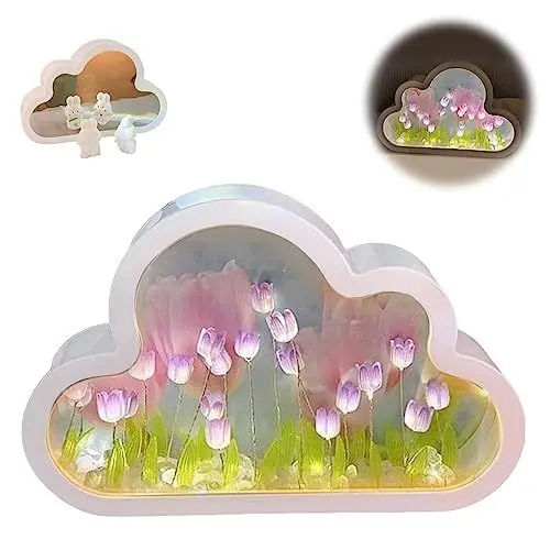 Produktbild: Wolke Tulpe Spiegel, 2 in 1 Tulpen-Spiegellampe Tulpen-Nachtlichtspiegel Wolkenspiegel-Nachtlicht Romantische Desktop-Dekoration, Nachttischlampe für Schlafzimmer, Geschenk für Paare, Freunde (Lila)
