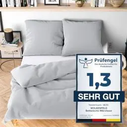 Produktbild: Wolkenfeld Bettwäsche 135x200 hell grau - kuschlig weich & bügelfrei - ÖKO-TEX Zertifiziert - 1x Bettbezug + 1x Kissenbezug 80x80 - Winter Bettwäsche