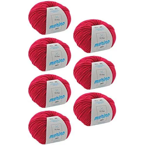 Produktbild: Wolle Merino Mix - 7 Knäuel Merinowolle Himbeere (Fb 1374) - Pinke Wolle Merino - Wolle Mischgarn + GRATIS Myoma Label - 50g/120m - Myoma Wolle - weiche Wolle - Merinogarn