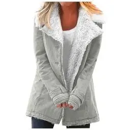 Produktbild: XIADUOBAAN Winterjacke Damen Halblang Wildleder Jacke Damen Dicke Langarm Lederjacke Damen Gefüttert Mit Knopfleiste Einfarbig Fleecejacke Damen Umlegekragen Fleece Mantel Damen Herbst Winter Warm