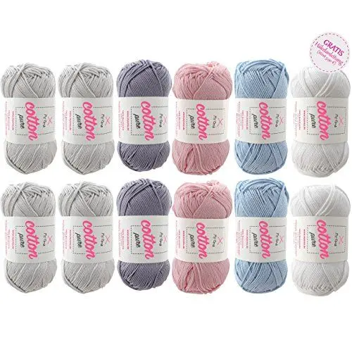 Produktbild: Wollpaket Cotton pure von MyOma - Wollmix Seifenblasen - Baumwolle Cotton pure zum Häkeln und Stricken - Sommerwolle Cotton pure im Wollset - bunter Wollmix (12 Knäuel, je 50g/125m) - Anleitung GRATIS