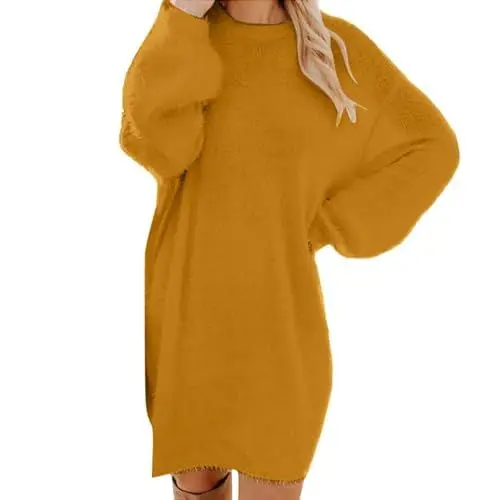 Produktbild: Damen Pullover Elegant Winterpullover Damen Rollkragenkleid Damen Longpullover für Damen Kurze Kleider Sexy Winterkleid Langarm Kleider Damen Blumen Women Dresses Elegant Orange 2XL