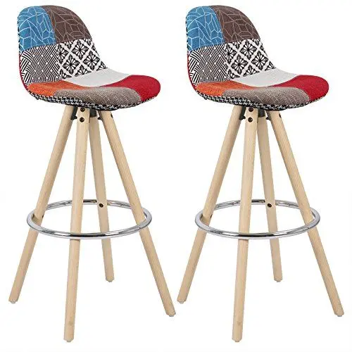 Produktbild: WOLTU Barhocker 2er Set Barstuhl aus Leinen Holzgestell mit Lehne + Fußstütze Design Stuhl Küchenstuhl optimal Komfort Patchwork Mehrfarbig BH45mf-2