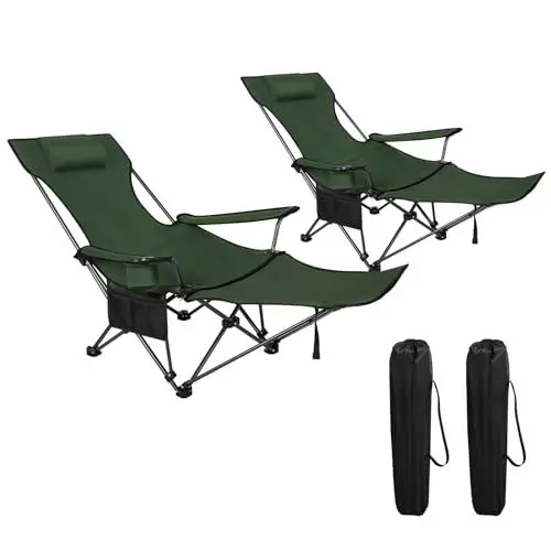 Produktbild: WOLTU 2er Set Campingstuhl klappbarer Angelstuhl ultraleichter Stuhl Liegestuhl mit Lehne Fußstütze Getränkehalter Aufbewahrungstasche Sonnenstuhl belastbar 150 kg Faltstuhl aus Oxford-Gewebe Grün