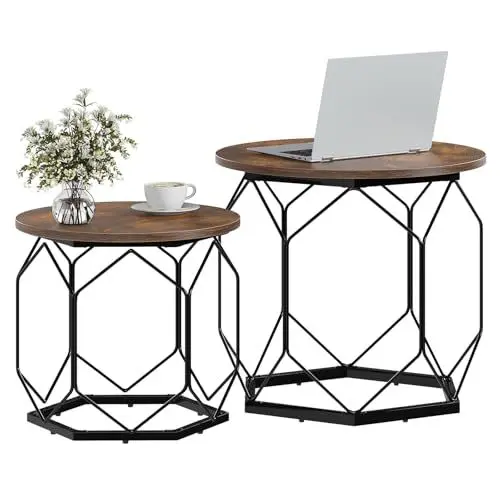 Produktbild: WOLTU 2er Set Couchtisch, Beistelltisch mit runder Tischplatte, Sofatisch mit hohlem Metallrahmen, Wohnzimmertisch mit Stauraum, aus Holzwerkstoff Metall, Holzmaserung Schwarz,BTS05vbn