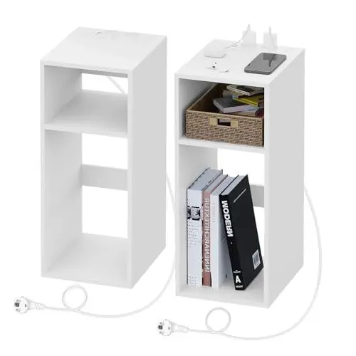 Produktbild: WOLTU 2er Set Nachttisch mit Ladefunktion, schmaler Kleiner Beistelltisch mit 2 Steckdosen 2 USB-Anschlüssen, Couchtisch mit Stauraum, 2 offene Fächer, 25x60x30 cm, für Schlafzimmer, Weiß, NTS06ws-2