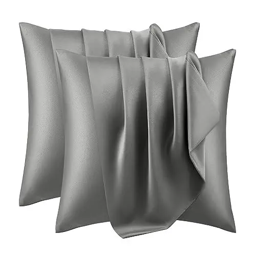 Produktbild: WOLTU 2er Set Satin Kissenbezug 65 x 65 cm, Premiun Kopfkissenbezug weiche ähnlich wie Seidenkissenbezug, Kissenhülle Haar- und Hautpflege Seidig mit Reißverschluss, Dunkelgrau
