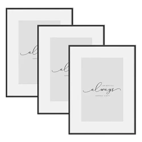 Produktbild: WOLTU 3er Set Bilderrahmen 20x30, Fotorahmen Aluminium Schwarz Matt, Bilderrahmen Collage mit Passepartout, Picture Frame, zum Aufhängen/Aufstellen, Metall Rahmen mit Kunststoff, BR9955sz-3