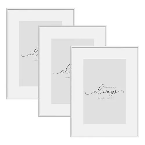 Produktbild: WOLTU 3er Set Bilderrahmen Din A4 21x29,7, Fotorahmen Aluminium Silber Matt, Bilderrahmen Collage mit Passepartout, Picture Frame mit Ständer, Metall Rahmen mit Kunststoff, BR9956sb-3