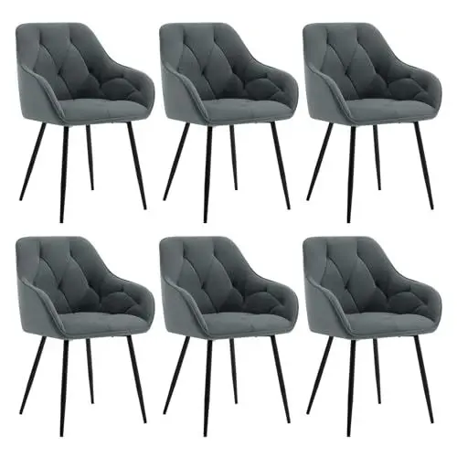 Produktbild: WOLTU 6er Set Esszimmerstühle, Küchenstuhl, Stuhl Esszimmer Wohnzimmer, ergonomischer Sessel, Armlehnstuhl, Polsterstuhl, Sitzfläche aus Samt, Metallbeine, Dunkelgrau, EZS02dgr-6