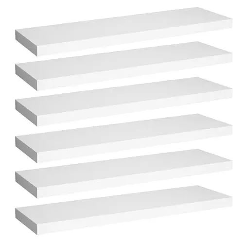 Produktbild: WOLTU Wandregal Weiß 6er Set Schweberegal, 50x23x3,8cm, Regal freischwebend, Galeriedisplay, Wanddeko für Wohnzimmer Schlafzimmer Küche, MDF, verdeckte Aufhängung