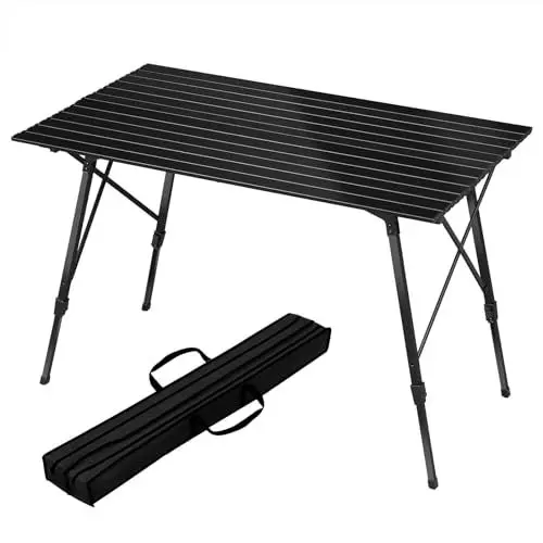 Produktbild: WOLTU Alu Campingtisch klappbar, Falttisch Höhenverstellbar mit Tragetasche & aufrollbarer Tischplatte, Klapptisch Reisetisch 4-6 Personen, für Camping Garten Balkon, 120 * 68.5cm, Schwarz