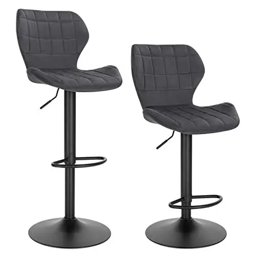 Produktbild: WOLTU Barhocker 2er Set höhenverstellbarer Hocker 60-82 cm 360° Drehstuhl mit Rückenlehne Fußstütze Barstuhl aus Samt Metall Stehhocker Dunkelgrau BH324dgr-2