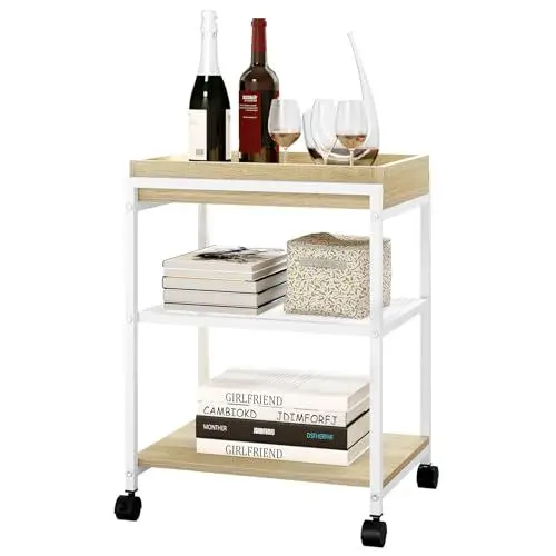 Produktbild: WOLTU Beistelltisch Couchtisch Sofatisch Nachttisch, mit Rollen, feststellbar, 3 Ablagen 1 abnehmbares Tablett, aus Metall und Holzwerkstoff, helle Eiche + Weiß, BTS09hei