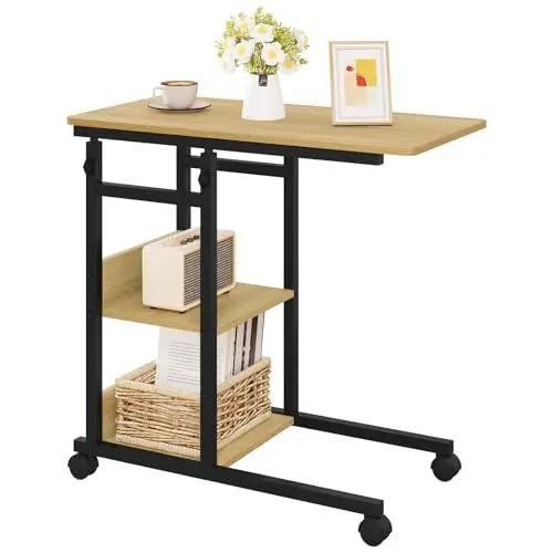 Produktbild: WOLTU Beistelltisch Couchtisch Sofatisch Wohnzimmertisch Laptoptisch Betttisch, C-förmig höhenverstellbar, mit Rollen, aus Metall Holzwerkstoff, helle Eiche + Schwar, BTS08hei