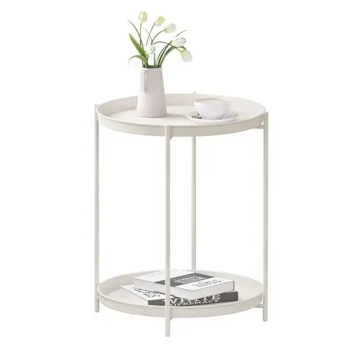 Produktbild: WOLTU Beistelltisch rund, Couchtisch mit Stauraum, 2 abnehmbare Tabletts, Wohnzimmertisch Nachttisch Sofatisch, Kleiner Tisch für Wohnzimmer Schlafzimmer, aus Metall, Creme, BTS17cm