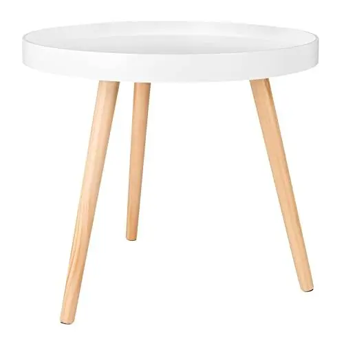 Produktbild: WOLTU Beistelltisch rund klein Couchtisch Blumenständer Nachttisch Massiv Holz skandinavisches Design Weiß 50 x 44cm (ø x H) TS143ws