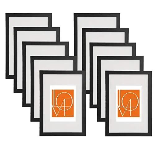 Produktbild: WOLTU Bilderrahmen 15x20 cm, Fotorahmen zum vertikalen oder horizontalen Aufhängen/Aufstellen, Holzrahmen mit Passepartout, Set of 10 Posterrahmen Collage Wanddeko, Schwarz