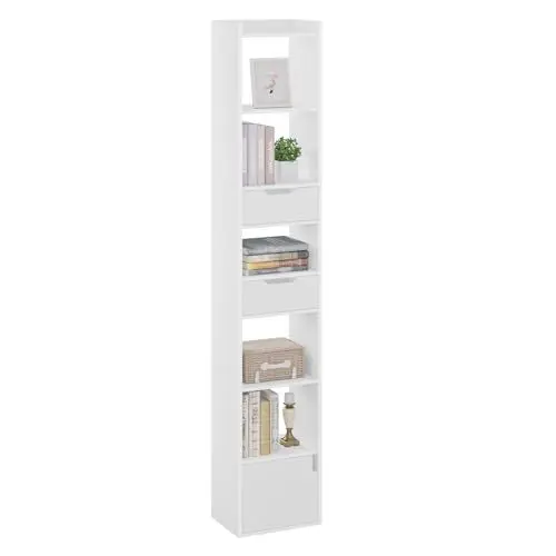 Produktbild: WOLTU Bücherregal Bücherschrank Standregal Aufbewahrungsregal Büroregal, mit 6 Ablagen 2 Schubladen 1 Tür, aus Holzwerkstoff, für Wohnzimmer Schlafzimmer Büro, Weiß, SK042ws