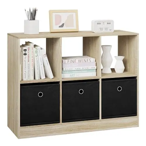 Produktbild: WOLTU Bücherregal mit 3 Schubladen aus Vliesstoff, Standregal mit 6 Fächern, Würfelregal für Schlafzimmer Wohnzimmer Arbeitszimmer Büro, helle Eiche, 80x60x30 cm, SK033hei