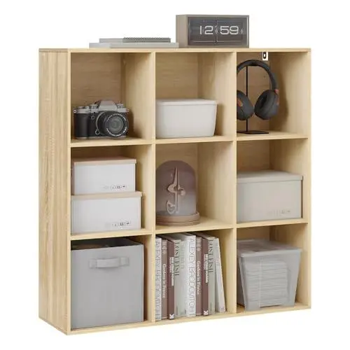 Produktbild: WOLTU Bücherregal mit 9 Fächern, Bücherschrank offen, Würfelregal, Raumteiler Regal, Standregal, Büroregal, für Wohnzimmer, Büro, Schlafzimmer, 94x93x29,5 cm, helle Eiche