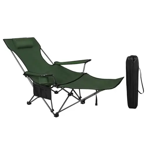 Produktbild: WOLTU Campingstuhl klappbarer Angelstuhl ultraleichter Stuhl Liegestuhl mit Lehne Fußstütze Getränkehalter Aufbewahrungstasche Sonnenstuhl belastbar 150 kg Faltstuhl aus Oxford-Gewebe Grün