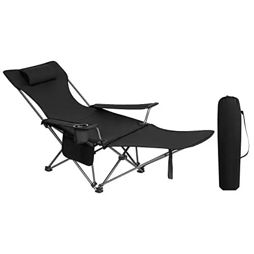 Produktbild: WOLTU Campingstuhl klappbarer Angelstuhl ultraleichter Stuhl Liegestuhl mit Lehne Fußstütze Getränkehalter Aufbewahrungstasche Sonnenstuhl belastbar 150 kg Faltstuhl aus Oxford-Gewebe Schwarz