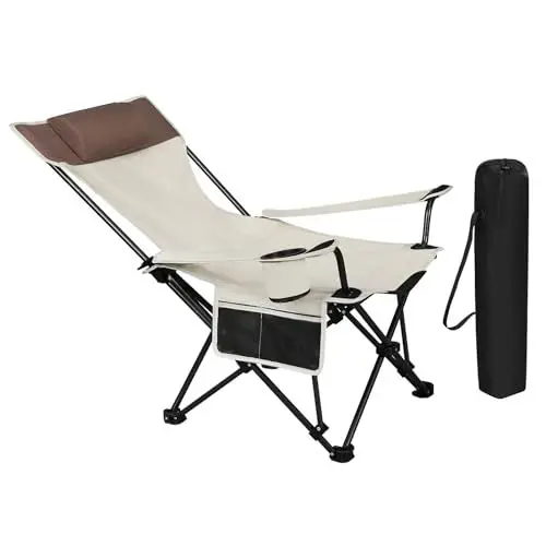 Produktbild: WOLTU Campingstuhl klappbarer Klappstuhl Angelstuhl Leichter Strandstuhl Faltstuhl mit Lehne Getränkehalter Aufbewahrungstasche 150 kg belastbar Beige