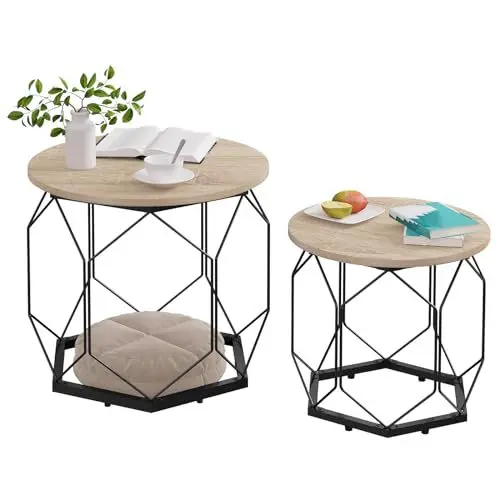 Produktbild: WOLTU Couchtisch 2er Set, Beistelltisch mit runder Tischplatte, Sofatisch mit hohlem Metallrahmen, Wohnzimmertisch mit Stauraum, aus Holzwerkstoff, Holzoptik Helle Eiche + Schwarz, BTS05hei